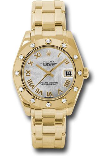 Rolex Yellow Gold Datejust Pearlmaster 34 Watch - 12 Diamond Bezel - White Mother-Of-Pearl Roman Dial - 81318