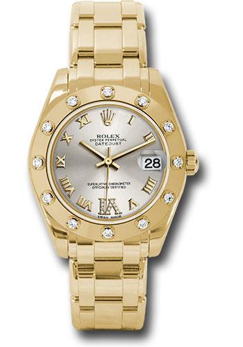 Rolex Yellow Gold Datejust Pearlmaster 34 Watch - 12 Diamond Bezel - Silver Diamond Roman VI Dial - 81318