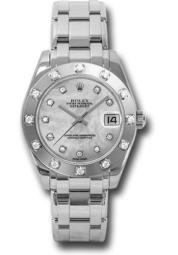 Rolex White Gold Datejust Pearlmaster 34 Watch - 12 Diamond Bezel - White Mother-Of-Pearl Diamond Dial - 81319
