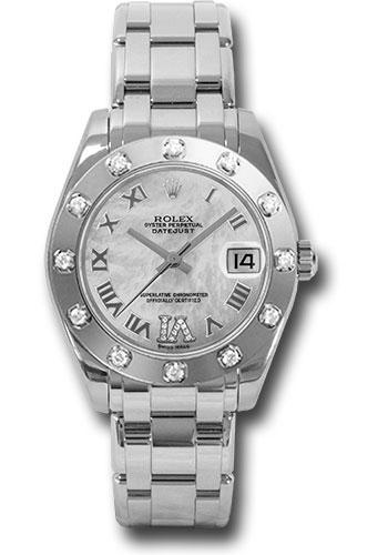 Rolex White Gold Datejust Pearlmaster 34 Watch - 12 Diamond Bezel - White Mother-Of-Pearl Roman Dial - 81319