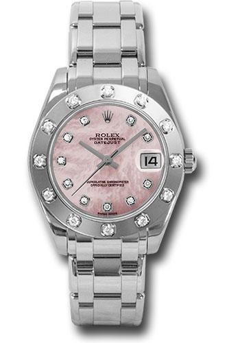 Rolex White Gold Datejust Pearlmaster 34 Watch - 12 Diamond Bezel - Pink Mother-Of-Pearl Diamond Dial - 81319