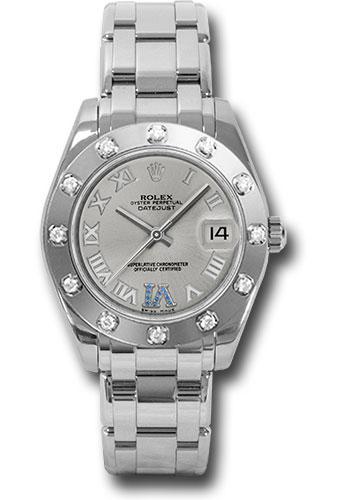 Rolex White Gold Datejust Pearlmaster 34 Watch - 12 Diamond Bezel - Silver Roman Dial - 81319