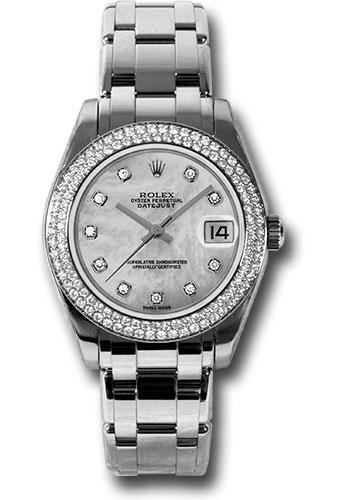 Rolex White Gold Datejust Pearlmaster 34 Watch - 116 Diamond Bezel - Mother-Of-Pearl Diamond Dial - 81339