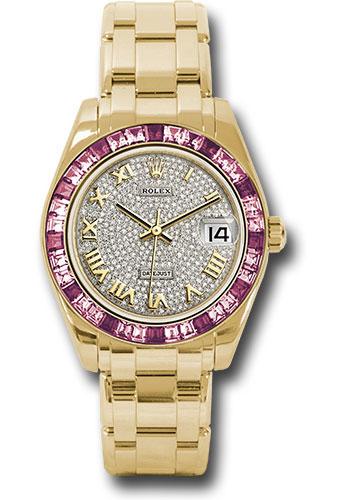 Rolex Yellow Gold Datejust Pearlmaster 34 Watch - 12 Pink And 24 Light-Pink Sapphire Baguettes Bezel - Diamond Paved Roman Dial - 81348SARO