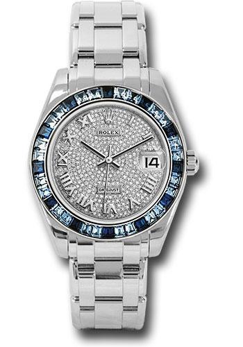 Rolex White Gold Datejust Pearlmaster 34 Watch - 12 Blue And 24 Light-Blue Sapphire Baguettes Bezel - Diamond Paved Roman Dial - 81349SA