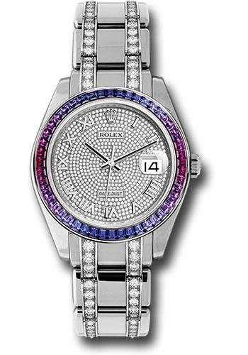 Rolex White Gold Datejust Pearlmaster 39 Watch - 48 Blue To Fuchsia Pink Gradient Baguette-Cut Sapphires Bezel - 18K White Gold Diamond Paved Dial - 86349SAFUBL