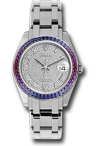 Rolex White Gold Datejust Pearlmaster 39 Watch - 48 Blue To Fuchsia Pink Gradient Baguette-Cut Sapphires Bezel - 18K White Gold Diamond Paved Dial - 86349SAF