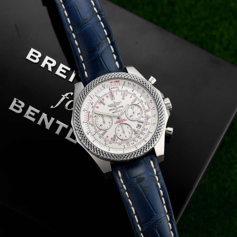 Front view of a Breitling Bentley A2536412/G675 watch featuring a stainless steel case and a large 49mm size, showcasing its elegant design and intricate dial details.