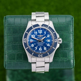 Front view of a Breitling Superocean II A17392 watch featuring a stainless steel case, 44mm size, and a bold, sporty design.