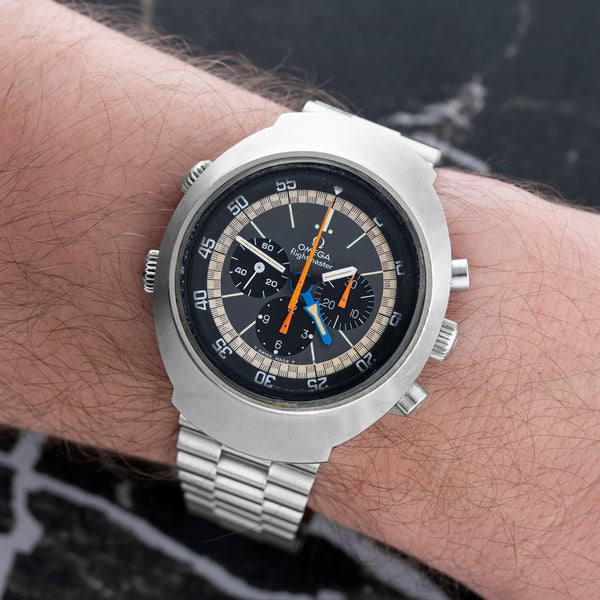 Omega Flightmaster 145.036 with Stainless Steel case, 43mm x 52mm size, front view.
