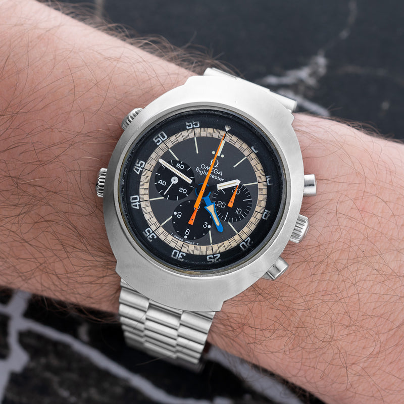 Omega Flightmaster 145.036 with Stainless Steel case, 43mm x 52mm size, front view.