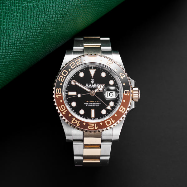 Rolex GMT Master II 126711CHNR front view showing Stainless Steel & Rose Gold case, 40mm size.