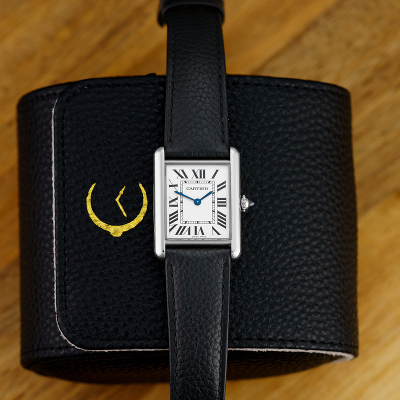 A front-view image of a Cartier Tank watch with Stainless Steel case, 33.7mm * 25.5mm size.