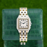 Front view of a Cartier Panthere Jumbo 3 Row watch model 187957, featuring a stainless steel and yellow gold case, with a 29mm size.