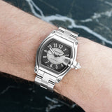Front view of a Cartier Roadster W62001V3 watch featuring a stainless steel case, measuring 38mm x 44mm, with a classic design and elegant detailing.
