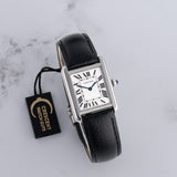 Cartier Tank watch with Stainless Steel case, 31mm * 24.4mm size, front view.