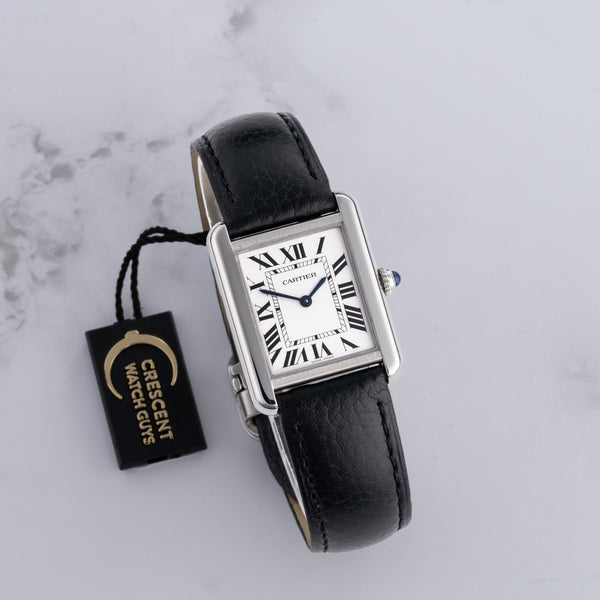 Cartier Tank watch with Stainless Steel case, 31mm * 24.4mm size, front view.