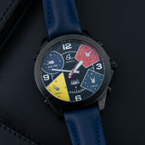 A Jacob & Co. watch with a black PVD case and blue leather bracelet.