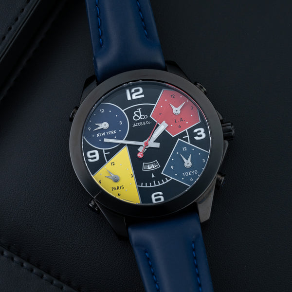 A Jacob & Co. watch with a black PVD case and blue leather bracelet.