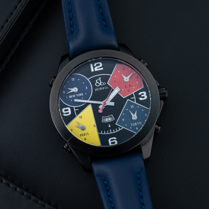 A Jacob & Co. watch with a black PVD case and blue leather bracelet.