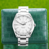 Front view of an Omega Aqua Terra 231.10.42.21.02.006 watch, featuring a polished stainless steel case, 41.5mm size, and a sleek blue dial with silver-tone hands and markers.