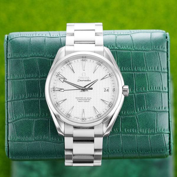 Front view of an Omega Aqua Terra 231.10.42.21.02.006 watch, featuring a polished stainless steel case, 41.5mm size, and a sleek blue dial with silver-tone hands and markers.