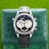 Front view of an Omega DeVille Rattrapante 4847.50.31 watch featuring a polished stainless steel case, 41mm size, and a classic dial with subdials for chronograph functions.