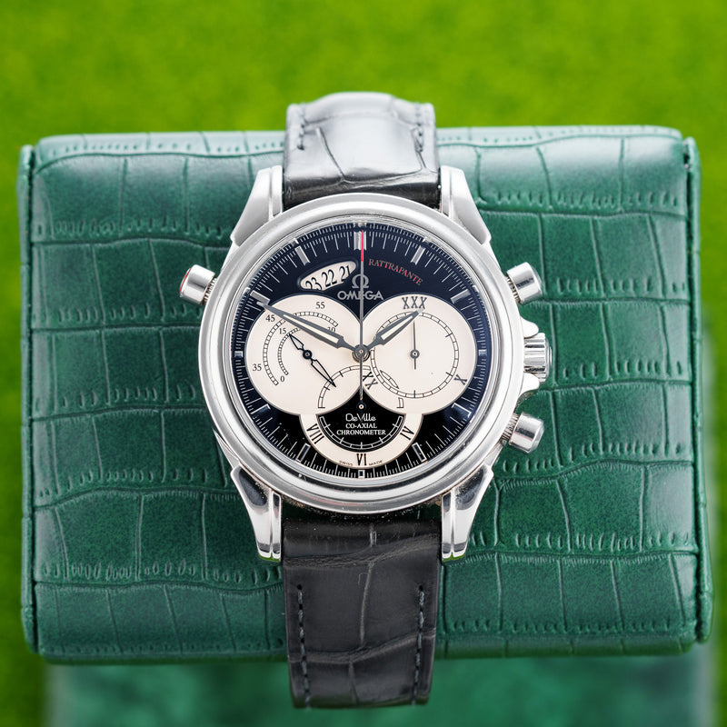 Front view of an Omega DeVille Rattrapante 4847.50.31 watch featuring a polished stainless steel case, 41mm size, and a classic dial with subdials for chronograph functions.
