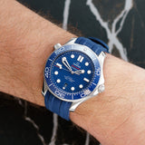 Front view of an Omega Seamaster Professional 210.32.42.20.03.001 watch featuring a stainless steel case and a 42mm diameter. The watch has a blue dial with luminescent markers and a unidirectional bezel.