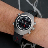 Front view of the Omega Speedmaster Spacemaster Z-33 watch featuring a titanium case, measuring 43mm x 53mm, with a digital display and bold, modern design.