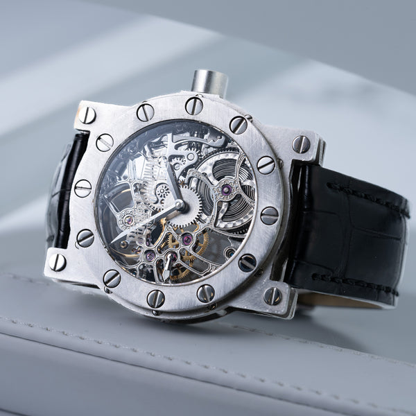 Front view of Refined Hardware The Harbinger watch with Steel & Titanium case, 45mm size