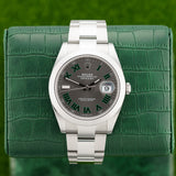 Front view of a Rolex Datejust 126300 featuring a polished stainless steel case, 41mm size, and a classic silver dial with date display.