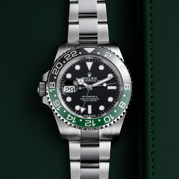 Rolex GMT Master II "Sprite" 126720VTNR with Stainless Steel case and 40mm size, front view.