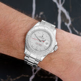 Front view of a Rolex Yacht-Master 16622, featuring a stainless steel case, 40mm size, and a silver dial with luminous hour markers and hands. The watch has a rotating bezel and a signature Oyster case design.