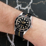 Front view of a Tudor Black Bay 58 79030N watch featuring a stainless steel case, 39mm size, with a black dial and luminous hour markers.