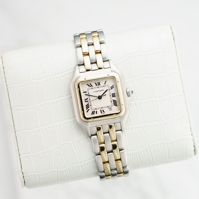 Front view of a Cartier Panthere Medium watch featuring a stainless steel and yellow gold case, 27mm size, with a classic design and a square dial.