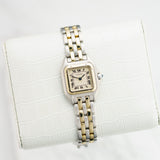 Front view of a Cartier Panthere Small 166921 watch featuring a stainless steel and yellow gold case, measuring 22mm by 30mm.