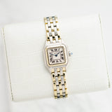 Front view of a Cartier Panthere 112000R watch featuring a stainless steel and yellow gold case, measuring 22mm by 30mm.