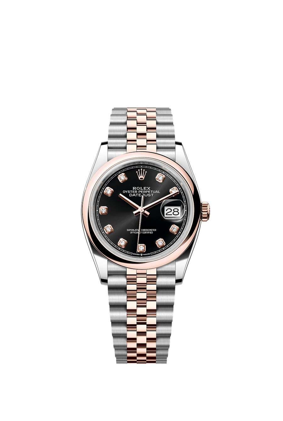 Rolex Steel and Everose Rolesor Datejust 36 Watch - Domed Bezel - Black Diamond Dial - Jubilee Bracelet - 126201