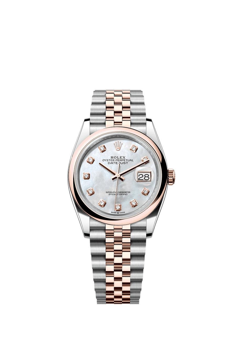 Rolex Steel and Everose Rolesor Datejust 36 Watch - Domed Bezel - White Mother-Of-Pearl Diamond Dial - Jubilee Bracelet - 126201