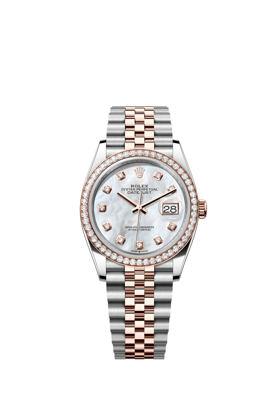 Rolex Datejust 36 126281RBR Everose Rolesor, white mother-of-pearl diamond dial, Jubilee bracelet