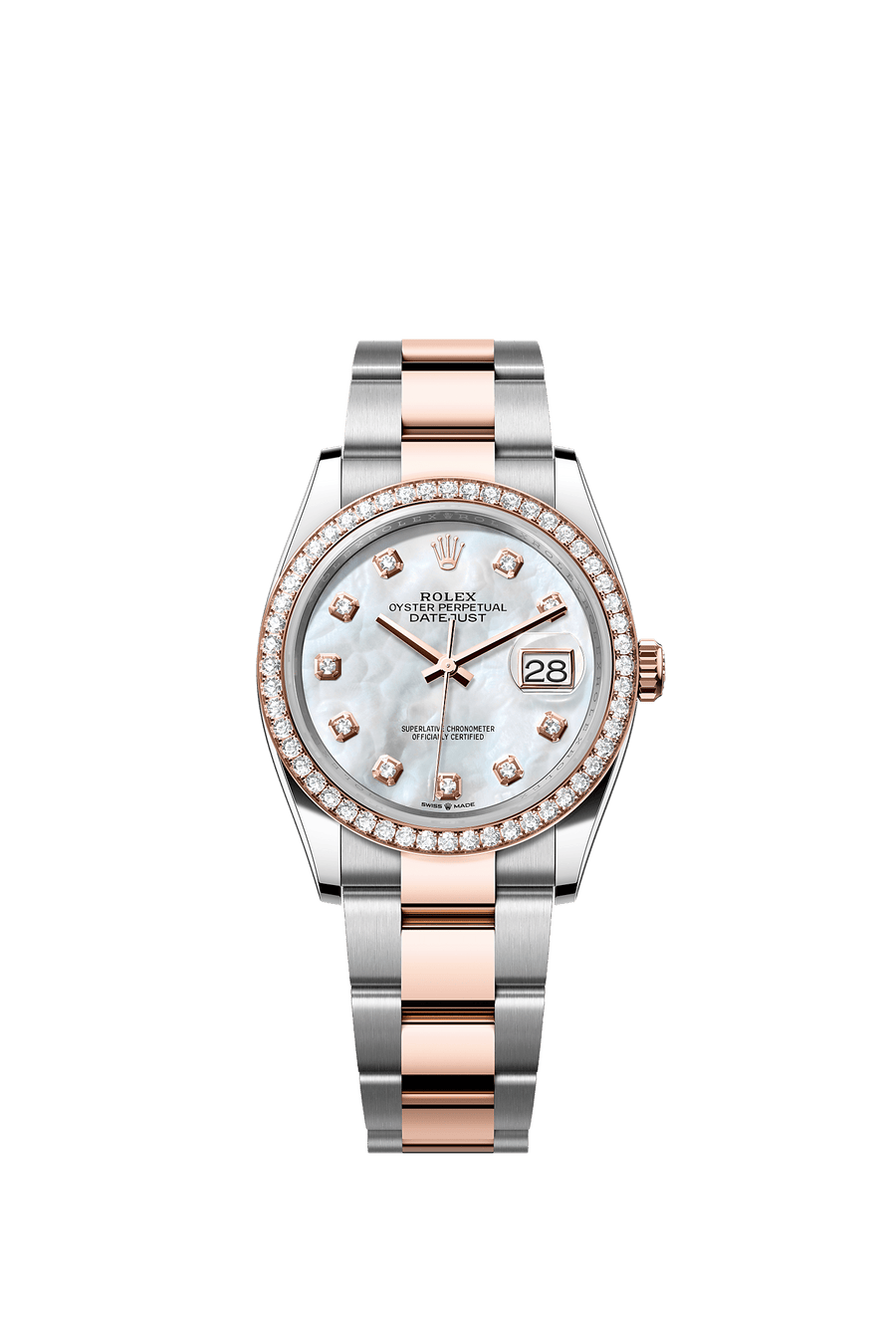 Rolex Datejust 36 126281RBR Everose Rolesor, white mother-of-pearl diamond dial, Oyster bracelet