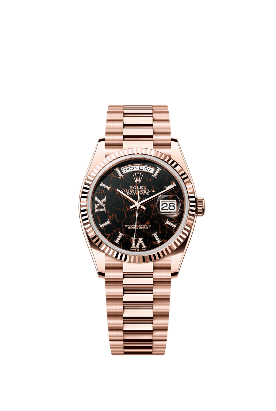 Rolex Day-Date 36 Eisenkiesel Diamond Dial Fluted Bezel Everose Gold President 128235