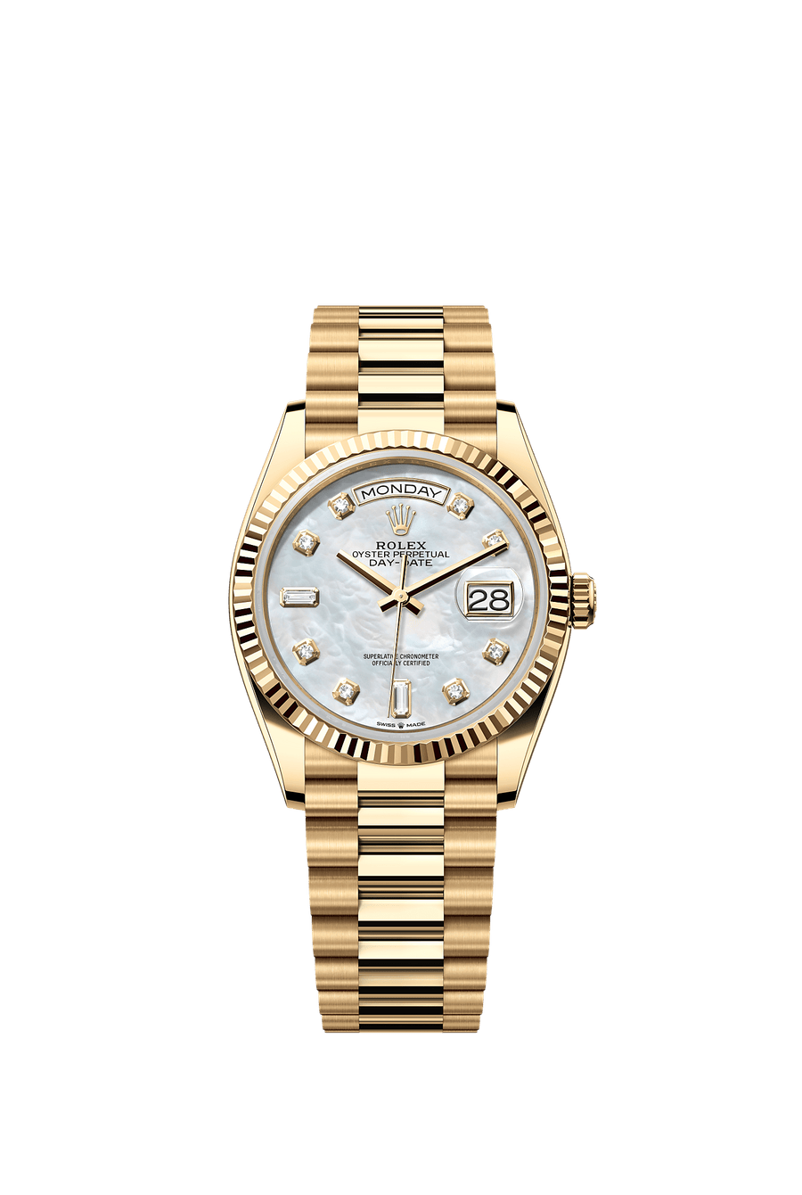 Rolex Day-Date 36 Yellow gold White mother-of-pearl diamond dial 128238