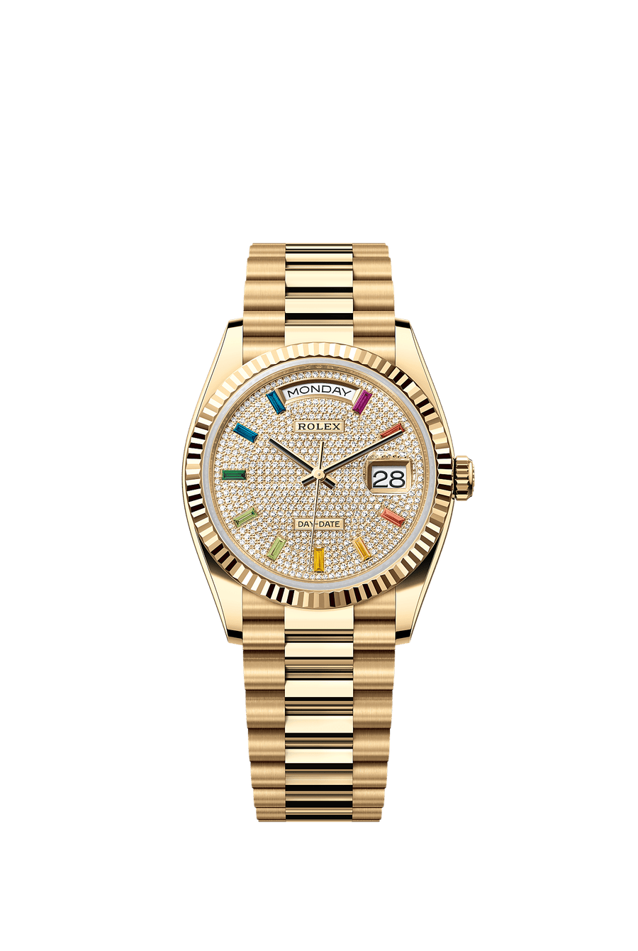 Rolex Day-Date 36 Yellow gold Diamond-paved rainbow sapphire dial 128238