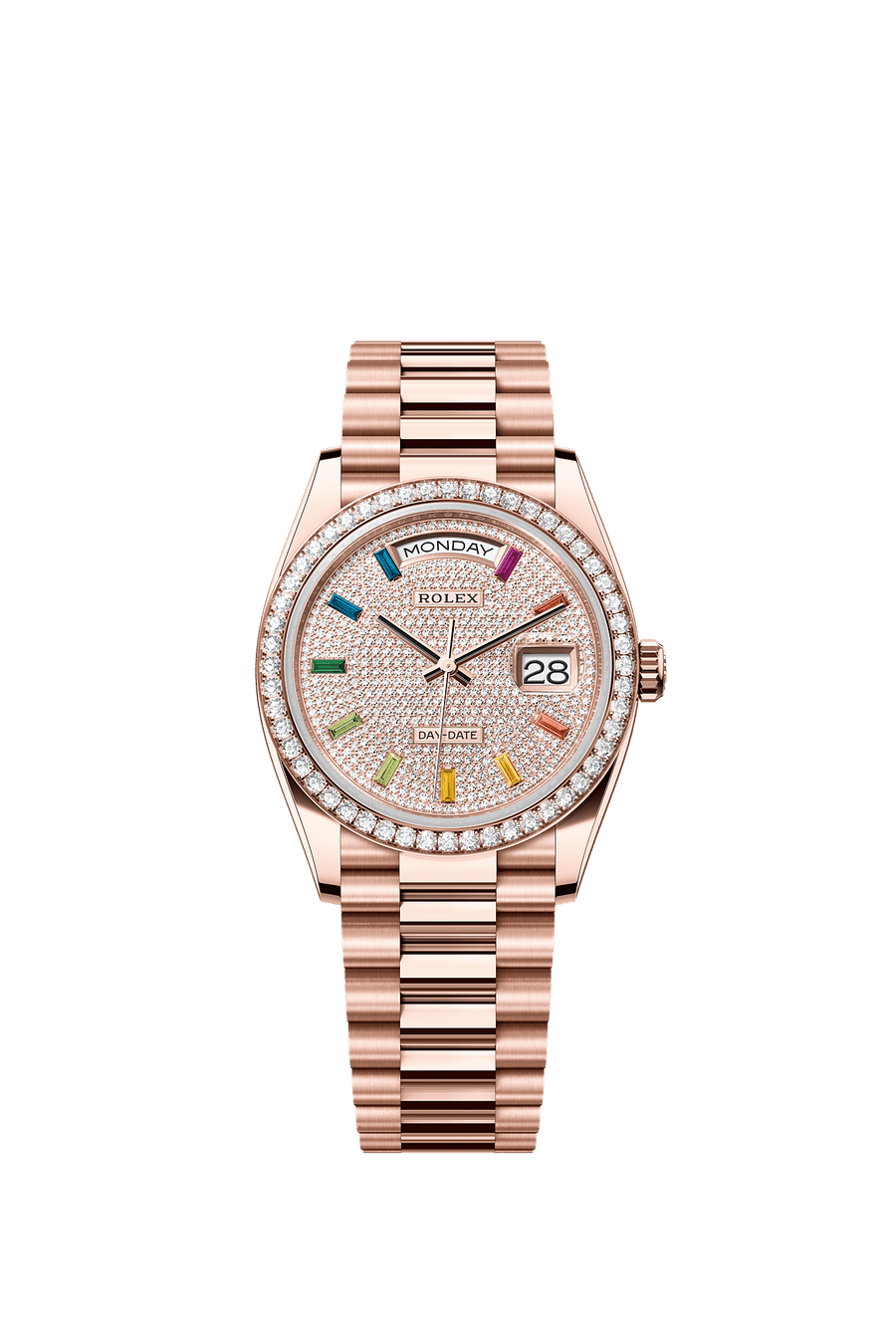 Rolex Day-Date 36 Everose gold Diamond-paved rainbow sapphire dial 128345RBR