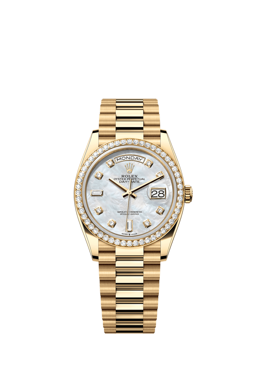Rolex Day-Date 36 Yellow gold White mother-of-pearl diamond dial 128348RBR