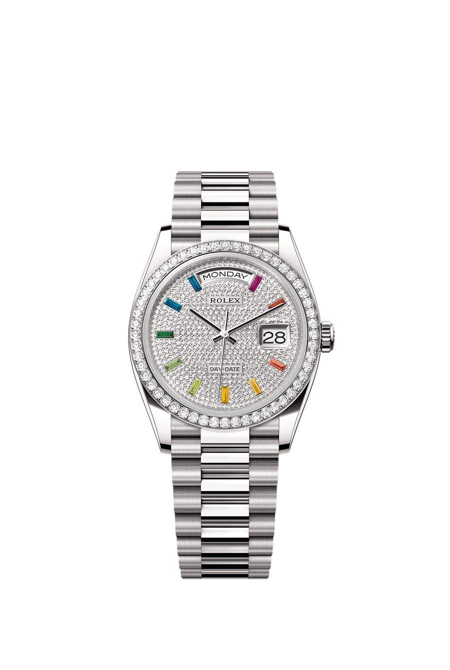 Rolex Day-Date 36 White gold Diamond-paved rainbow sapphire dial 128349RBR