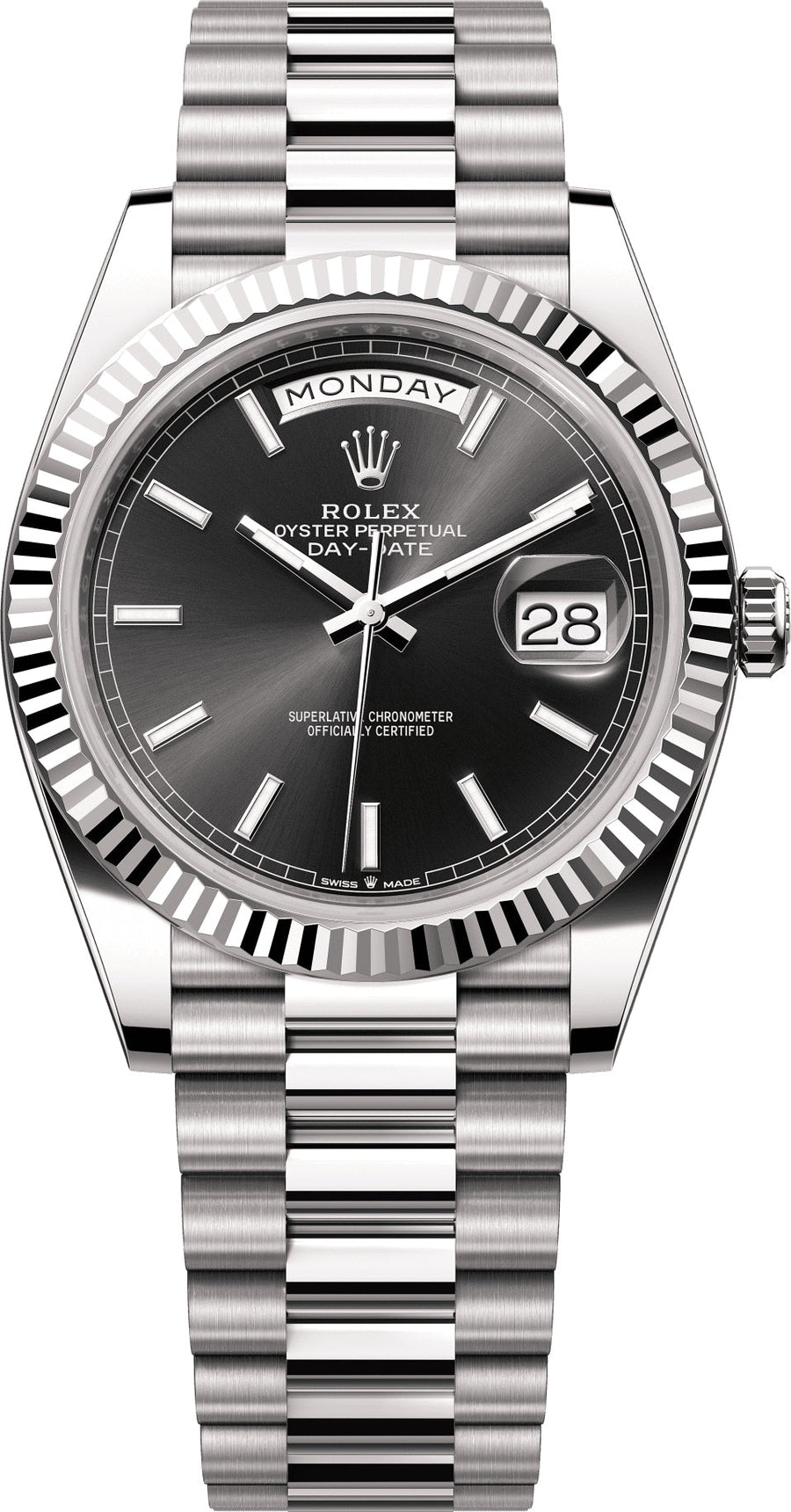 Rolex Day-Date 40 in 18 ct white gold bright black dial Fluted Bezel President Bracelet - 228239