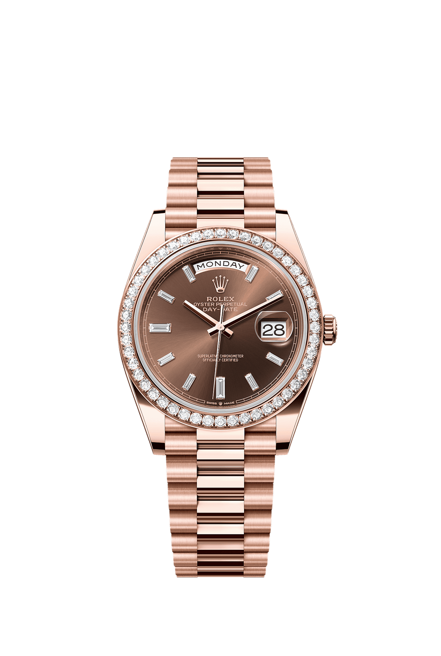 Rolex Day-Date 40 Everose Gold Diamond Bezel Chocolate Baguette Diamond Dial President Bracelet 228345RBR